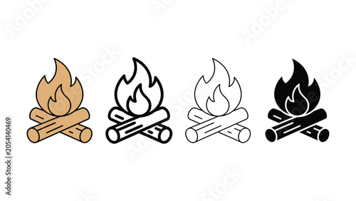 Four different colored campfire icons with logs  various styles