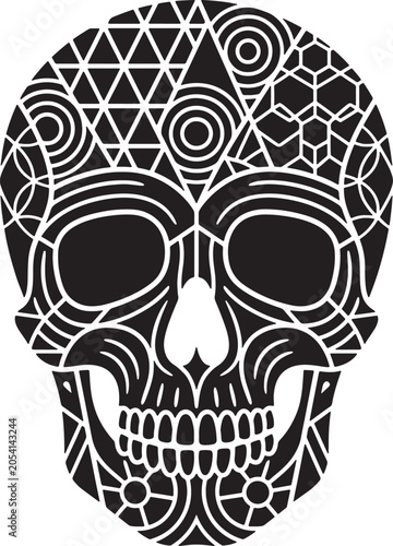 Tableau sur toile Black geometric skull silhouette with complex tribal pattern lines on transparent background for artistic tattoo or creative halloween print design elements vector