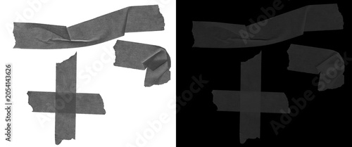 Foto Black gaffer tape strips set, wrinkled adhesive duct tape pieces on white and bl