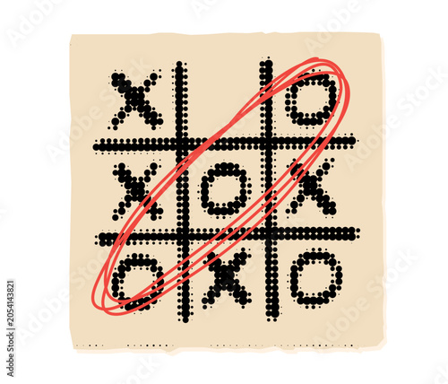 Tic tac toe halftone cutout. Back to school game collage sticker.