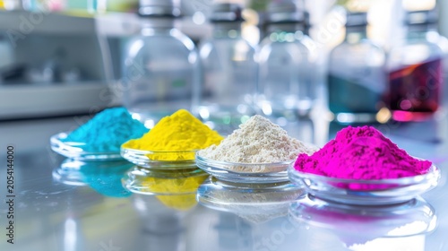 Colored powder for ink or paint on glass plates with blurred bottles in background.