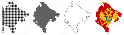 Montenegro country map vector set with dotted pattern solid silhouette outline and national flag illustration