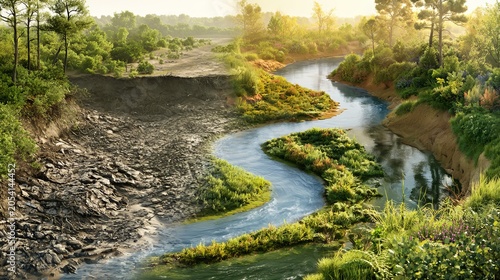 Contrast between dry riverbed and flowing water in a green landscape at sunrise capturing nature's transformation