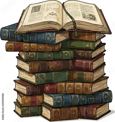 Fotografia Vintage stack of old books vector illustration, open medieval manuscript templat