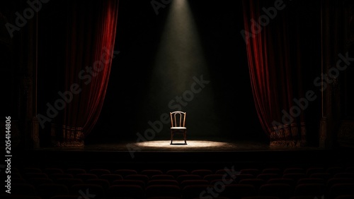 Empty theater with a spotlight on a solitary chair, red curtains open. 