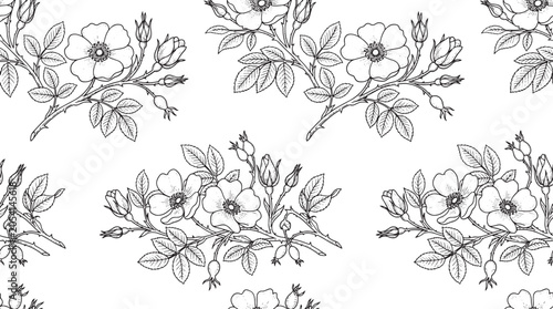 Canvastavla Minimalist wild rose line art seamless pattern with vintage floral branches and