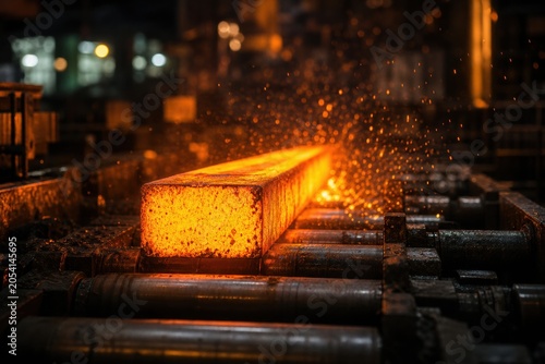 Glowing hot steel billet on conveyor rollers in a heavy industry factory with bright orange sparks flying during the metal manufacturing process in a foundry