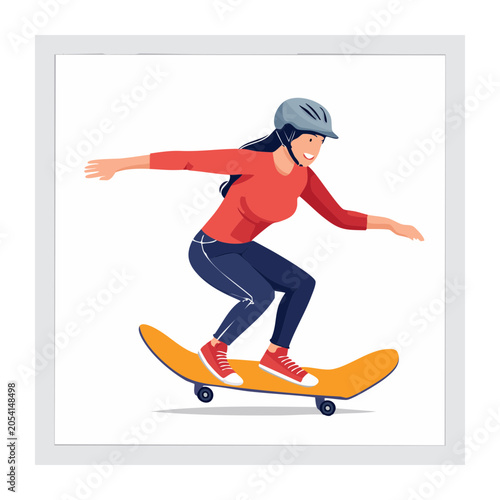 Cartoon skier in red jacket gliding downhill