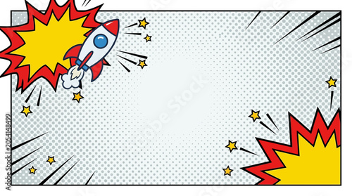 comic style rocket ship blasting off.