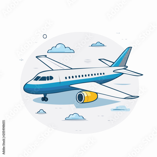 Illustration of a modern jet airplane flying through clouds