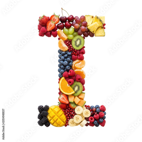 Upscaled creative collage of fresh fruits and berries forming the letter I