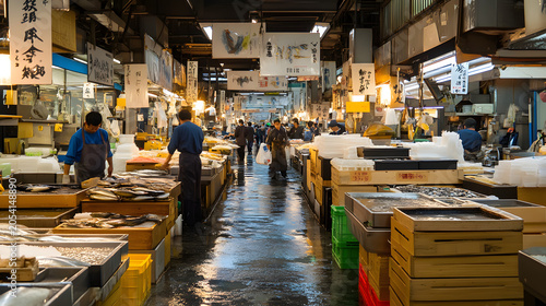 Busy traditional fish market corridor with vendors arranging fresh seafood and crates in a bustling japanese indoor marketplace setting for daily trade