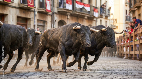 Detalle de toros en movimiento durante un encierro tradicional.