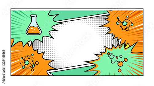 Vibrant comic book style explosion background with chemistry elements.