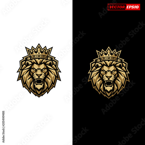 Foto Majestic Golden Lion Head with Royal Crown Emblem.