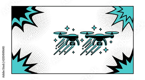 Comic book style illustration of drones flying.