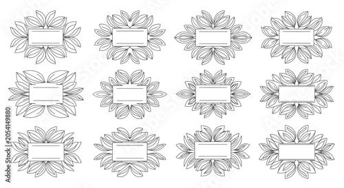 Set of Floral Decorative Frames and Badges with Radiating Leaf Design on an Isolated White Background