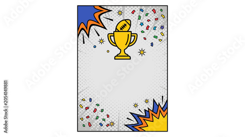 A colorful illustration of a trophy with confetti and stars.