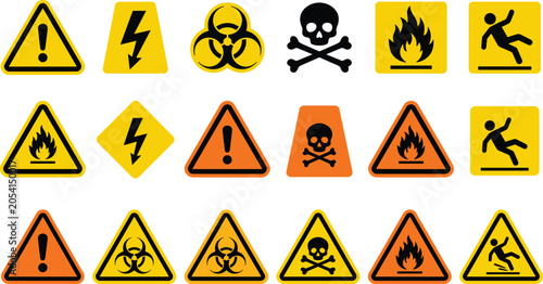 Fotografía Hazard warning sign vector set featuring high voltage biohazard flammable toxic