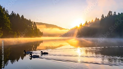Misty lake with golden sunrise, reflecting trees and ducks swimming. Forested hills add to tranquil scene