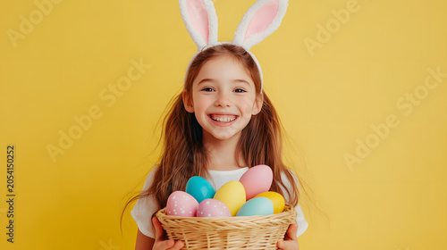 Cheerful little girl wearing bunny ears holding a wicker basket filled with colorful pastel easter eggs against a bright yellow studio background