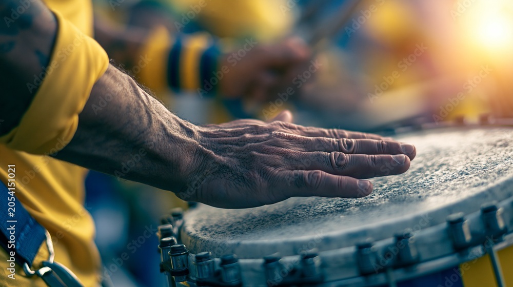 Naklejka premium Closeup of a passionate Brazil fan playing a vibrant samba drum wearing a yellow jersey sleeve rolled up capturing the lively rhythm and festive atmosphere of soccer celebrations.
