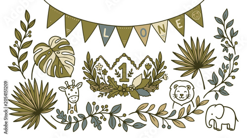 Photography First Birthday Safari Jungle Animal Illustration Set for Baby Party Invitations