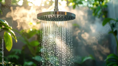A chrome shower head streams water in a lush green environment with sunlight and soft focus
