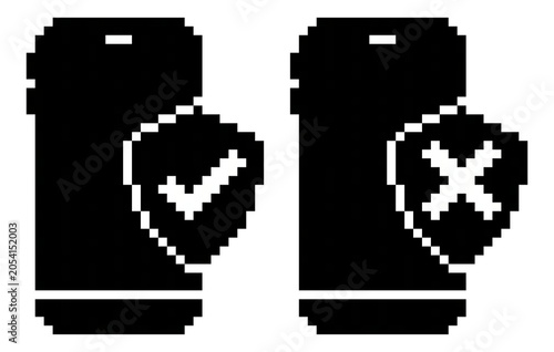A 16x16 Smartphone with Shield Pixel Art Icons Set (Solid: Locked & Check)