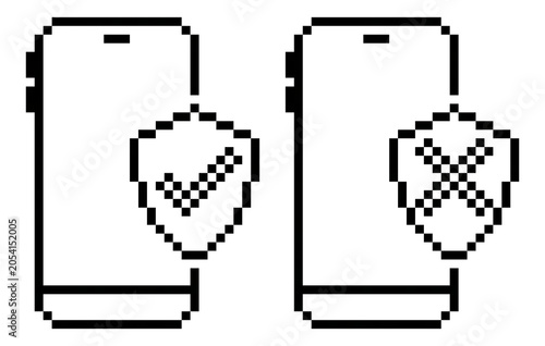 A set of two phones with linear pixelated graphics and shields inside. Available in lock and unlock versions