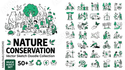 Set of 50 Nature Conservation Vector Sketch Doodle Icons isolated PNG with Transparent Background