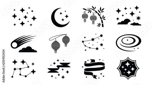 Fotografija Collection of celestial bodies and traditional lanterns and bamboo icons