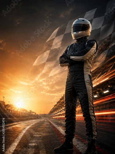 Confident Race Car Driver Standing on Track at Sunset