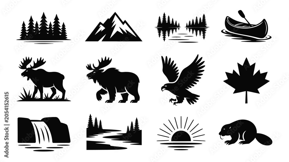 Obraz premium Set of black canadian wilderness and wildlife themed vector icons in silhouette design.