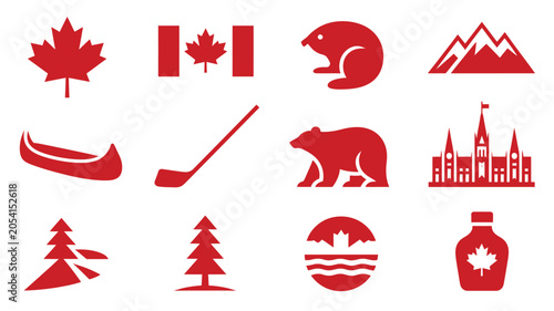 Bilde på lerret Red canadian icons vector set featuring nature landmarks and sports equipment designs