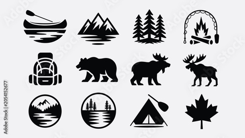 Photography Collection of outdoor and canadian nature icons, camping and wilderness symbols set