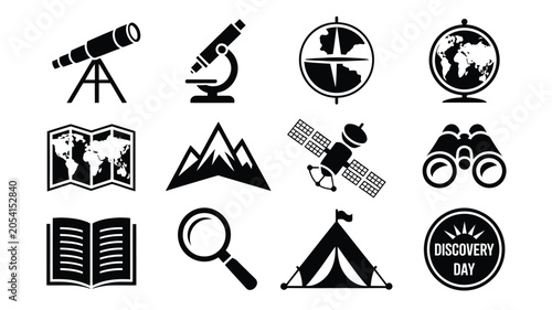 Photos Exploration and scientific discovery icons set for education and outdoor adventure tourism