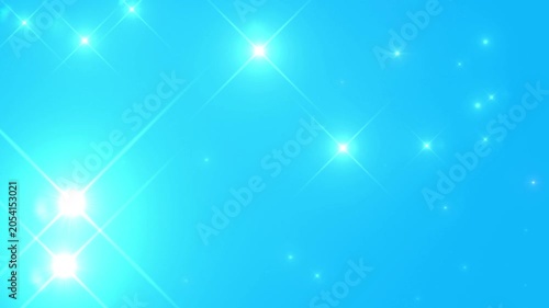 Bright white lens flares and glowing starburst sparkles scatter across a vivid solid cyan background backdrop in a beautiful magical starry sky display afternoon illumination