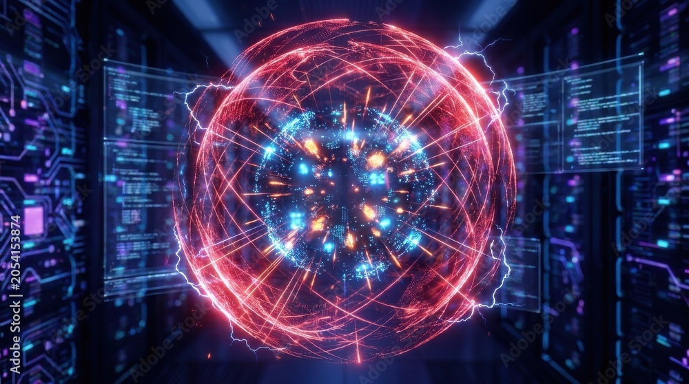 Fototapeta premium Red glowing digital sphere cage with intricate holographic lines, technology innovation and future cyber system concept, high-tech