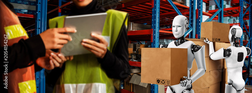 Photos Innovative industry robot working in warehouse together with human worker