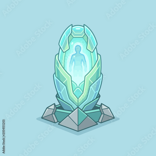 Foto A glowing futuristic stasis pod containing a silhouette of person