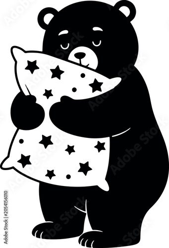 Cute Black Bear Hugging Star Pillow Sleepy Cartoon on White Background