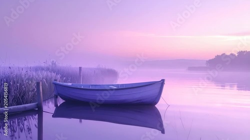 A tranquil scene showcases a rowboat floating on still waters, bathed in a soft purple sunrise glow