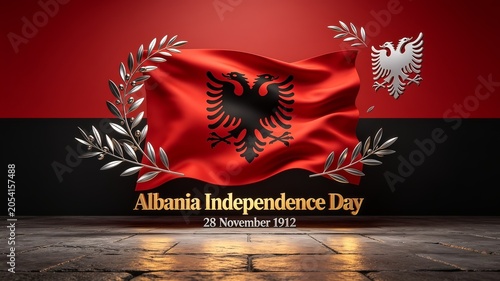 Albania Independence Day 3D concept with waving national flag, double headed eagle, silver laurel wreath, and dark background