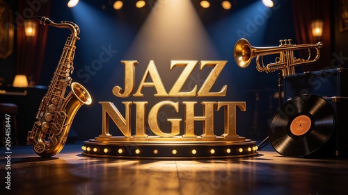 Jazz night music concert banner with golden saxophone trumpet vinyl record on stage under spotlight shining background
