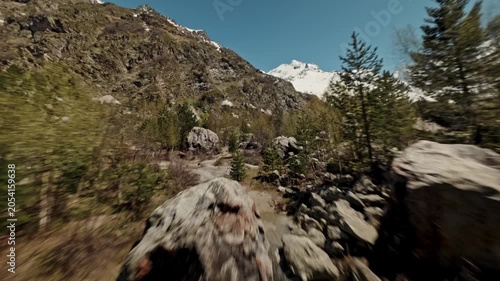 The Fpv drone flies close to the trees growing on the slope of a large mountain. Snow-capped peaks of high mountains can be seen against the background. High quality 4k footage