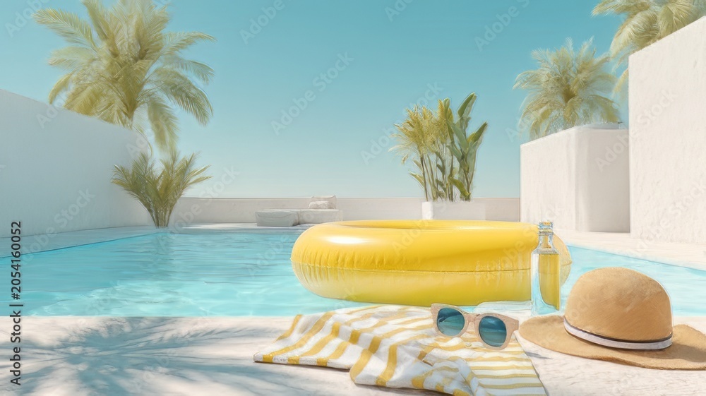 Obraz premium Swimming pool with a Yellow Pool Float and Straw Hat and essentials