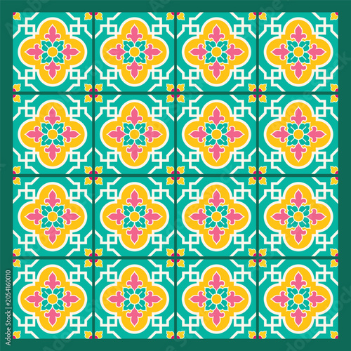 Colorful Traditional Peranakan Tile Pattern Seamless Vector Background 
