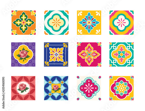 Colorful Traditional Peranakan Pattern Tile Collection Vector Set