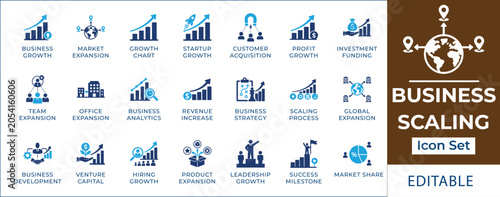 Obraz na plátně Business scaling icon set featuring global market expansion, corporate revenue growth, target customer acquisition magnet, company milestone roadmap, and strategy planning symbols